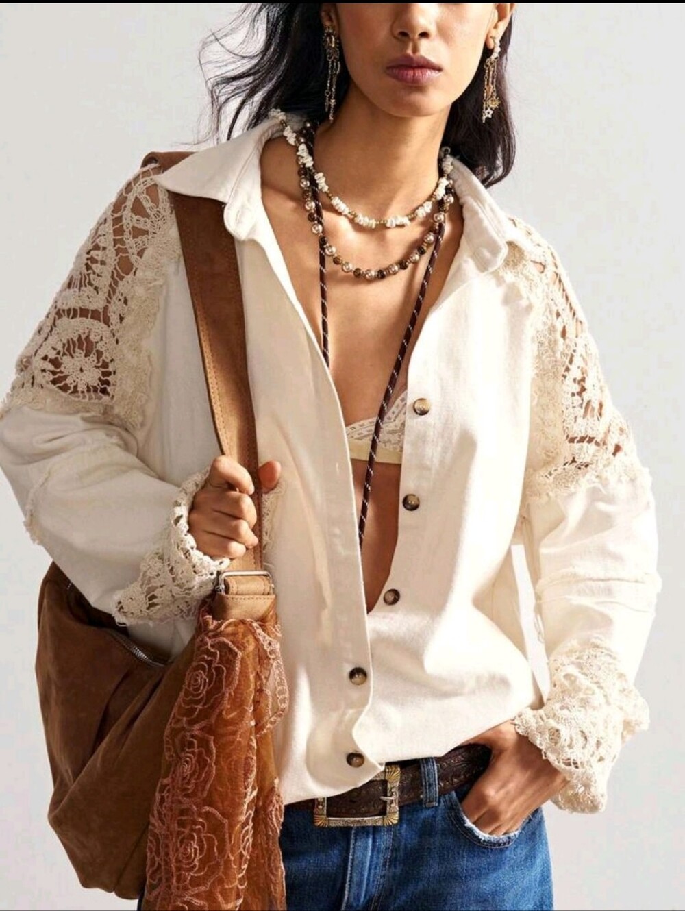 Ivory Lace-Trim Button Down Shirt